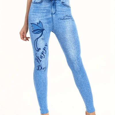 Fashion Women Denim Butterfly Print Leggings Sporty High Waist Stretch Slim Fit